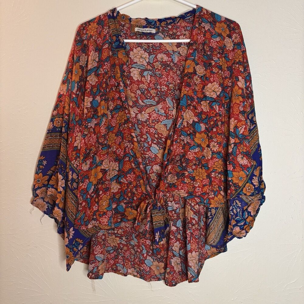 PAPARAZZI Plus Size Floral Viscose Tie Front Top Shawl Coverup Kimono